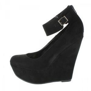 Ankle Strap Black Faux Suede Platform Wedge